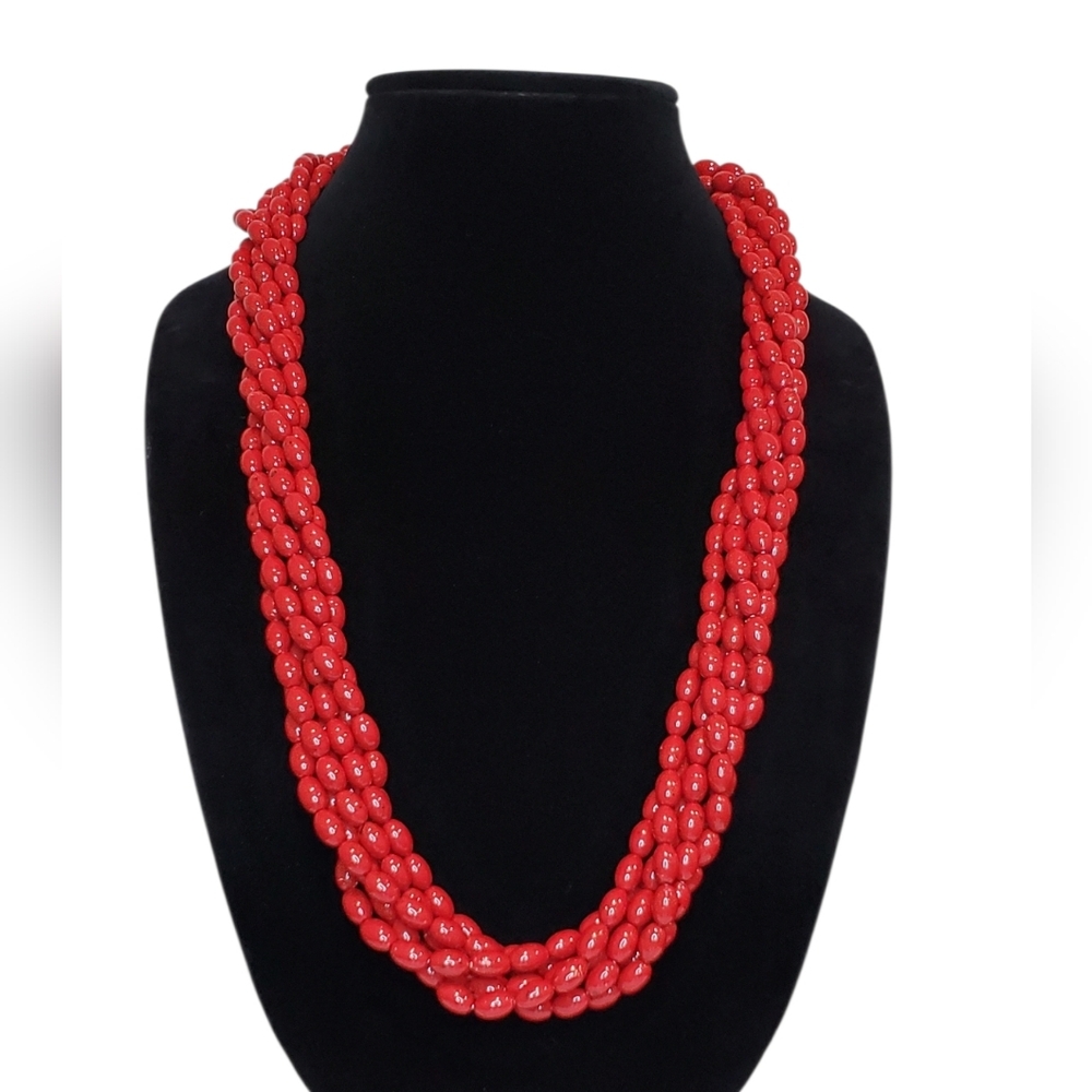 Estate Unsigned Red & Black Speckled Multi-Strand Acrylic Beaded 30" Necklace